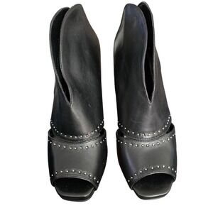 Franco Sarto Trend Black Leather Peep Toe Studded Block Heel Booties 8M 154316